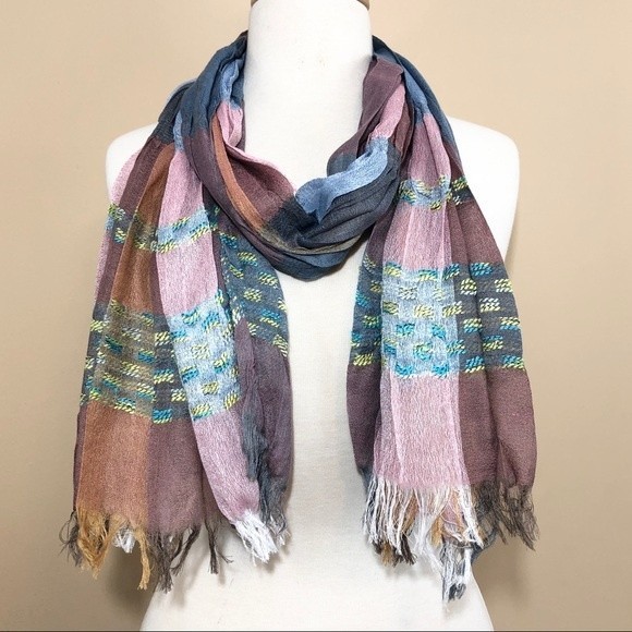 Multicolor Mixed Plaid Lightweight Eyelash Fringe Edge Scarf - Picture 1 of 5